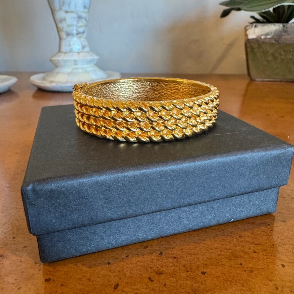 CHANEL Vintage Gold Tone Hinge Bangle Bracelet 16cm Rare
